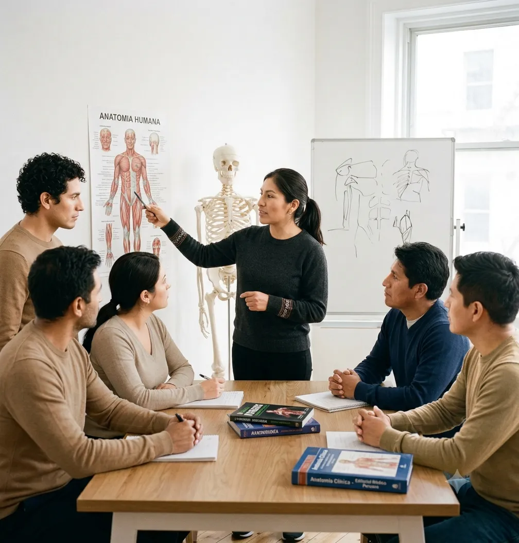 Docente explicando anatomía frente a un grupo de alumnos en una clase presencial